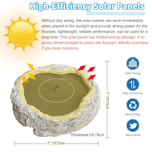 SAC SMARTEN ARTS Solar Fountain for Bird Bath with Solar Panel Resin Granite Rock Solar Water Fountain Pump for Bird Bath Outdoor Hummingbird Birdbath Fish Tank Pond with 5 Nozzles