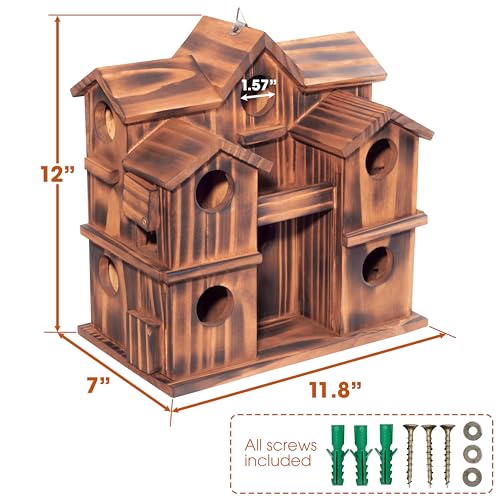 MIXUMON Wooden Bird Houses for Outside – 10 Rooms Multi-Chamber Bird House, Carbonized Pine Rustic Finish, 1.57" Entrance Holes, Individual Cleaning Doors, Decorative Outdoor Bird Nesting Box