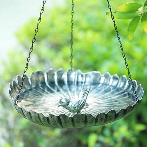 Hanging Bird Bath Outdoors Metal Bird Baths Feeder for Garden Decor | 11.6 Inch Hanging Bird Baths Flower Shape Silver Birdbath Bird Feeder Bowl for Outside, Garden, Lawn Yard Decor