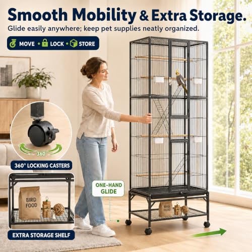 Large Bird Cage & Parakeet Cage, 69" Parrot Flight Cage with Rolling Stand | 0.4" bar spacing, 3-tier aviary, 12 doors, removable mesh shelf, 6 feeders, ideal cockatiel cage & budgie cage