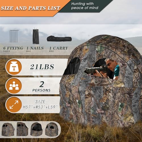 Hunting Chair Blind, 1/2 Man See Through Ground Blind, Camo Tent | Built-in Chair, Portable Blind, One-Way See Through, 1/2 Person, Camouflage, With Carrying Bag, Hunting Blind, Hunting Gear - style: 2 Person