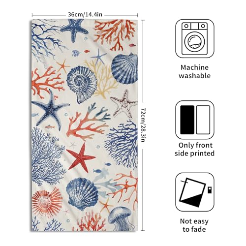Nautical Coastal Hand Towels Set of 2, Beach Themed Ocean Seashell Coral Starfish Decorative Bathroom Towel 28x14 Inch, Soft Absorbent Microfiber Wash Cloth for Kitchen Gym Hotel Home Decor - color: Blue Orange Coastal