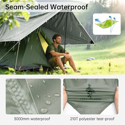 FREE SOLDIER Waterproof Camping Tarp Shelter Awning | Lightweight, Compact, Quick Setup, Waterproof Sun Shelter Campingtarp,For Backpacking, Beach, Travel and Outdoor Activities - color: Bean Green 10×10.5ft
