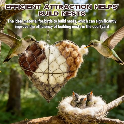 Handmade Alpaca Fiber Bird Nesting Heart-Refillable Material Holder (Brown) | for Wild Birds and Hummingbirds,Refillable Fowl Home Garden Yard
