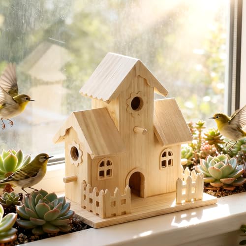 Balacoo Wood Birdhouse 7.87 Inch Unpainted Hanging Nest for Birds | Unpainted solid wood, hanging or tabletop setup, garden patio display, 4.92 x 7.87 x 7.87 inch, check entry size