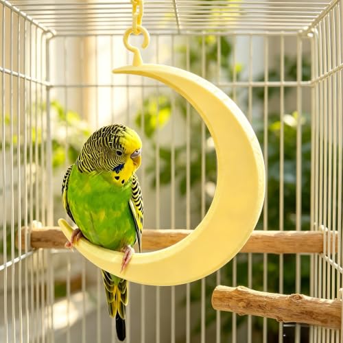 Hanging Moon Bird-Swing Perch, Parakeet Swing Toys with Chain, Grinding Claw Beak Cage Accessory for Small Parrots - color: Yellow Moon