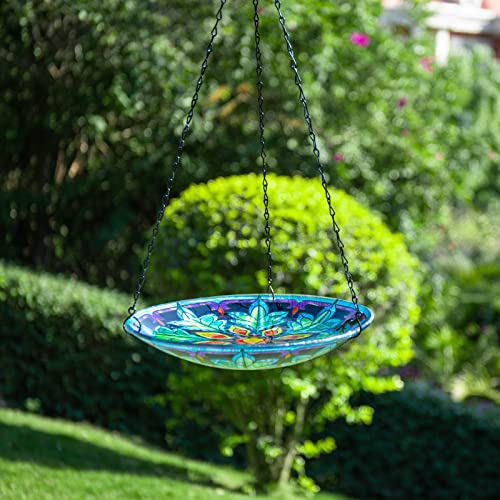 Hanging Bird Bath Outdoors Glass Bird Water Bowl Feeder Garden Decor | Hanging Bird Baths for Outside, Peacock Glass Bird Water Bowl Bird Feeders for Garden, Lawn Yard Decor - color: multi