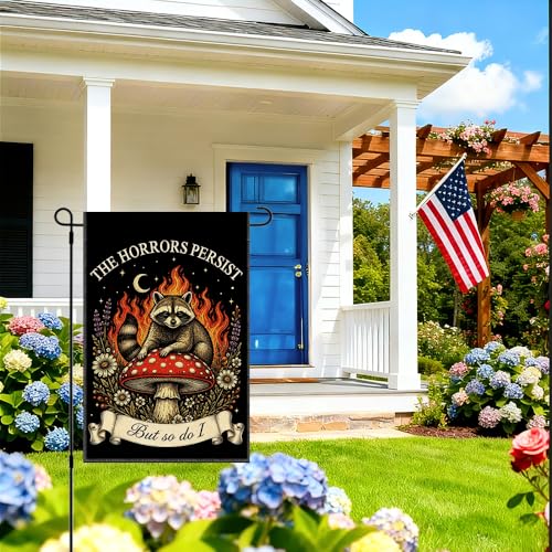 RZHV The Horrors Persist But So Do I Double-Sided Garden Flag for Outdoor House Yard Sign Garden Decor Parade, Funny Raccoon Mushroom Outdoor Banner, Fall Motivational Mental Health Front Yard Sign - color: Horrors I