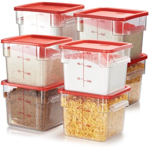 8-Pack 6 Qt NSF Clear Polycarbonate Food Storage Containers with Red Lids - Square, Commercial-Grade, Freezer & Dishwasher Safe, Stackable - color: 6.0 Qt 8-Pack(Red Lids)