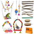 Natural Bird Toys and Wood Perches Set, Essential Parrot Cage Accessories with Hanging Swings, Stands and Shreddable Foraging Toys for Parakeets, Cockatiels, Budgies (20 Pack) - size: 20 Pack