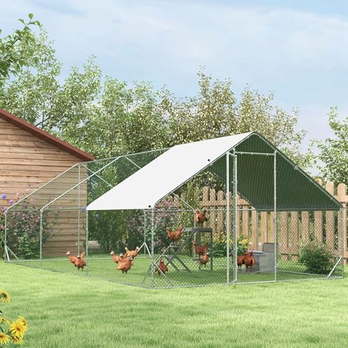 PawHut Large Chicken Coop w/Waterproof Anti-UV Cover 9.8' x 19.7' x 6.6' | Metal Chicken Run, Spire Shaped Walk In Fence Cage Hen House, Outdoor Yard Farm Use, 1" Tube Diameter - size: 118.1"L x 236.2"W x 78.7"H