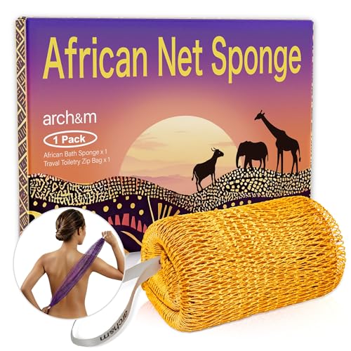 ARCH&M Authentic African Net Loofah Sponge | 53" Extra-Long Body Scrubber, For Women and Men, Exfoliating Bath Sponge, Travel Portable, Daily Use Body Care - color: Golden