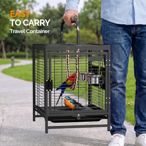 VINGLI Small Bird Cage, 19 inch Travel Carrier Bird Cage with Handle, Wrought Iron Parakeet Cage with Wooden Perch for Parrot Lovebirds Finches Small/Medium Birds (Matte Black) - color: Matte Black