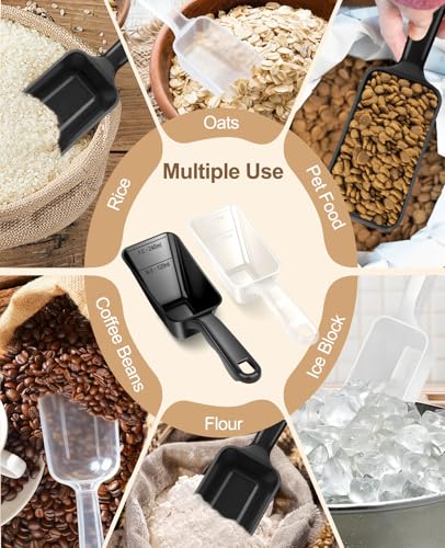2-Pack Dog Food Scoop 1 Cup, Plastic Pet Food Measuring Scoop With Measuring Lines (1/2 & 1 Cup Markings) for Dogs, Cats, Fish, Bird（Black and Transparent（Black - color: Black and Transparent