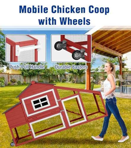 Chicken Coop with Run and Wheels Outdoor Poultry Hen House with Slide-Out Tray Chicken Cage Weatherproof Roof Predator-Proof for Backyard Red - color: 72.3"L Red & White