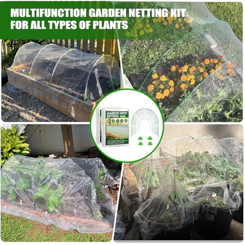 Garden Mesh Netting Kit, 10x30FT White Ultra Fine Netting & 8FT Fiberglass Garden Hoops with Support Bases, Garden Netting with Frame for Raised Beds, Garden Hoops & Netting, Row Cover, Plant Barrier - color: White