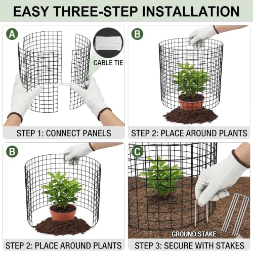 3Pack 17x14 Inch Green Coated Galvanized Wire Plant Protectors, 9Pcs Mesh Cloches with Stakes & Zip Ties, Chicken Wire Cage for Rabbits Squirrels Chickens, Garden Vegetable Seedling Protection