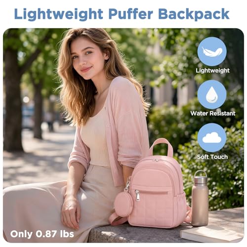 Mini Backpack for Women, Anti Theft RFID Small Travel Backpack | Compact Backpack with Built-in RFID Wallet(5 Slots) & Coin Purse, 10-Pocket Fits 11" Tablet, Puffer Nylon, Daily & Work - color: Pink