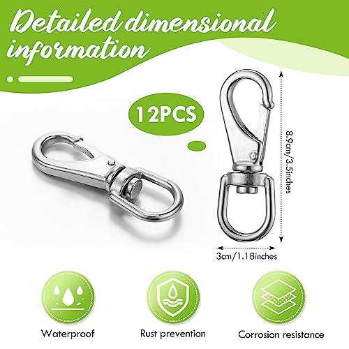 Hicarer 12 Pcs Stainless Steel Swivel Snap Hooks 3.5 Inch Heavy Duty Flag Clips Diving Clip Spring Hooks for Dog leashes Keychains Boat Ropes Bird Feeders Pet Chains