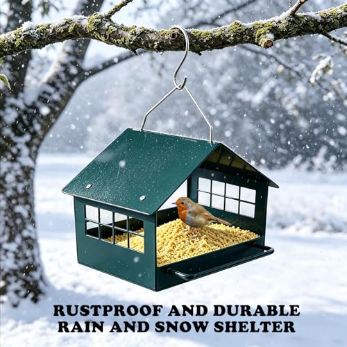 All-Metal Platform Bird Feeder, Dark Green Hanging Feeder | Double-Sided Long Perches, Stainless Steel Mesh Tray, Extended Roof Eaves and Rust-Resistant Finish for Small Birds