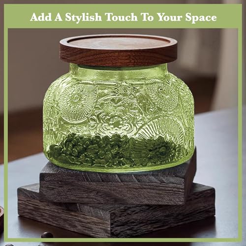 Decorative Green Embossed Glass Jar with Airtight Wooden Lid, 25.4 fl. oz | Wide mouth vintage storage canister, kitchen pantry bathroom organization, coffee sugar tea cookie candy candle vase gift - size: 25.4 Ounces, style: Green Flower
