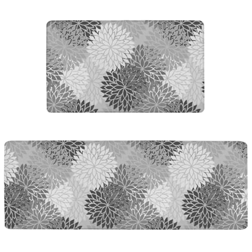 Boho Floral Anti Fatigue Kitchen Mats, 17.3"x47"+17.3"x29", Grey | Cushioned Non Slip Memory Foam Waterproof, Bohemia Kitchen Decor Rugs for Floor, Set of 2 for Sink Laundry Office - color: Grey Floral