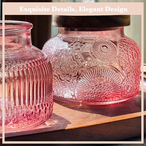Decorative Pink Glass Jars with Airtight Wooden Lids 2 pack, 25.4 fl. oz | Wide mouth vintage storage canister, kitchen pantry bathroom organization, coffee sugar tea cookie candy candle vase gift - size: 25.4 Ounces, style: Pink 2pc