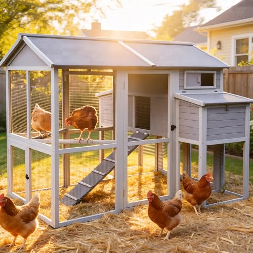 GUTINNEEN Extra Large Chicken Coop with Run Walk in Chicken House with 2 Large Nesting Boxes Sturdy Iron Angle Brackets 76" L Grey - size: 75.7"L x 65.7"W x 59.1"H
