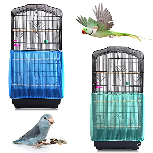 Daoeny 2Pcs Universal Bird Cage Cover, Adjustable Seed Feather Catcher, Soft Airy Nylon Mesh Parrot Net, Birdcage Cover Skirt Sheer Guard for Round Square Cages (Green+ Blue) - color: Blue & Green, size: 78.7 x 15.7 inch