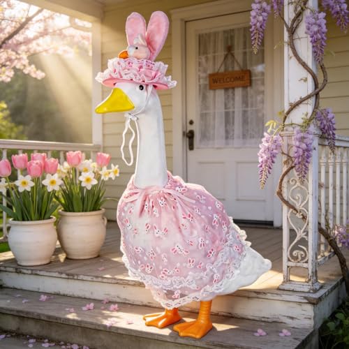 Summer Porch Goose Outfits – 23” Pink Dress Goose Statue Porch Goose Outfit | Cute Costume for Outdoor Garden Lawn Yard Decor - color: Pink Dress