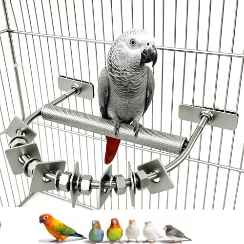 304 Stainless Steel Bird Perch with Chew Toys(Steel) | Washable,Metal U-Shape Parrot Stand - color: Silver