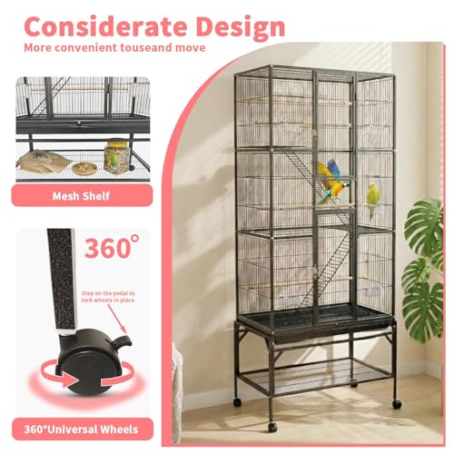 Wrought Iron Flight Cage Large Rolling Parrot Cage with Divided Breeding Function for Parrot Turtledove Oriole Cuckoo Budgie Parrotlet Comes with Slide Out Tray Lockable Door 4 Wooden Perches