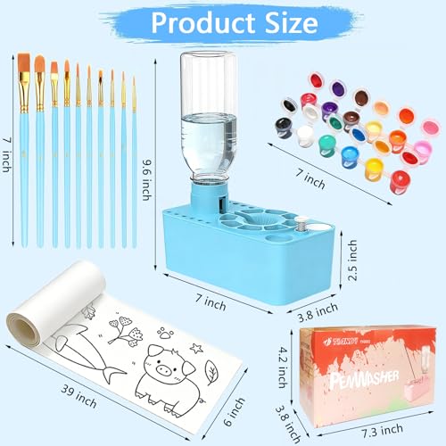 Paint Brush Cleaner Tool,Painting Running Water Circulation Art Supplies,with Brushes,Colors Paint,Watercolor Paper,Paint Station Creative Gift for Kids Girls Adult Artist Beginners - color: Blue