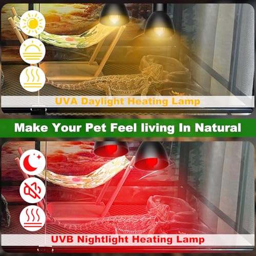 Heat Lamp for Reptile,UVA UVB Light for Turtle,Bearded Dragon Basking Light Bulbs,Dimmable 360°Gooseneck UV Heating Lamp W/ G9 Mini Halogen Bulbs 60W (White*2，Red*2) for Tortoise/Snake/Lizard