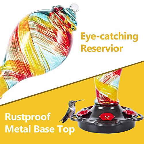 LUJII Hand Blown Glass Hummingbird Feeder for Outdoors Hanging with Ant Moat, 36 fl.oz, Leak Proof & Rustproof, Metal Base with 5 Feeding Ports & 5 Perches, Unique Garden & Backyard Decor (Ribbon) - color: Ribbon, size: Large