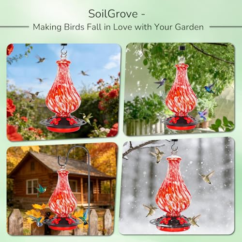 Glass Hummingbird Feeder,24oz Red Hand Blown Humming Bird Feeders for Outdoors Hanging with 5 Feeding Ports & Ant Moat, for Women Men,Hanging Garden Decor