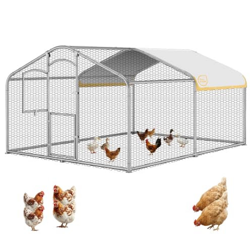 Large Metal Chicken Coop with Run, Walk-in Chicken Run for Yard with Waterproof & Anti-UV Cover, Spire Roof Outdoor Poultry Cage for Chickens Ducks Rabbits Backyard Farm