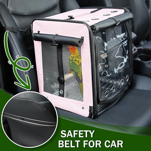 Bird Carrier with Seat Belt for Car Travel, Bird Backpack Carrier with Indestructible Stainless Steel Mesh, Large Bird Carrier Travel Cage, Pink - color: Pink, size: 13.5"L x 10.0"W x 15.5"H