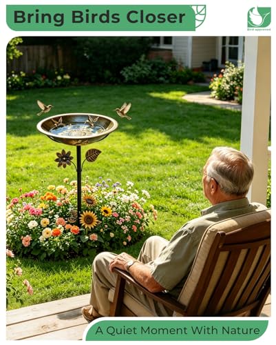 Metal Bird Bath for Outside Hummingbird Embossed Bowl with Stake | 13" W 3" Deep Birdbath Bowl, Adjustable Height, Removable Easy to Clean, 5-Prong Stake, Rust Resistant, Garden Decor