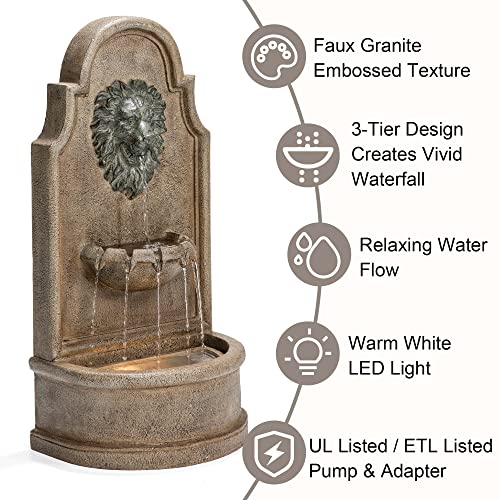 Glitzhome 3-Tier Outdoor Water Fountain with LED Light, Oversized Vintage European Style Lion Head Waterfall Fountains, Rustic Faux Granite Fountain for Garden Patio Deck Porch, 31.75”H - color: Lion Head