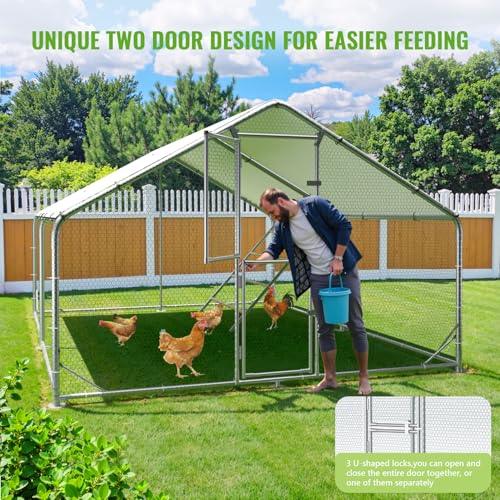Large Metal Chicken Coop Runs for Yard with Cover, 10x13x6.5 | Perch Bars, Split Doors, Waterproof Covers, Mesh Wire - color: Spire Top, size: 157.5"L x 118.1"W x 78.7"H