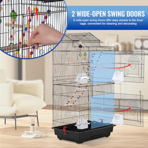FDW 39 Inch Bird Cage Parakeet Cage with Play Top Rolling Stand & Easy Clean Pull-Out Tray Roof Top Parrot Cage for for Finches Canaries Parakeets Cockatiels & Other Small Birds, Black - color: Black