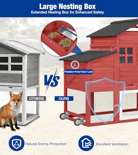 Mobile Chicken Coop with Run Outdoor Hen House with Slide-Out Tray Waterproof Roof Large Nesting Box 2 Perches Non-Slip Ramp Red - color: 73.4“L Red & White