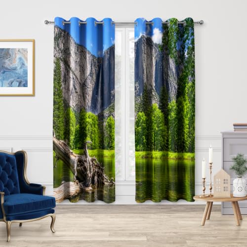 Mountains Forest Blackout Curtains 2 Panel Set, 42"x63" | Jungle Green Trees River in Bright Sunshine Nature Scenery Decor Bedroom Living Room Darkening Grommet Window Drapes - color: Tree9, size: 42"W x 63"L (Pack of 2)