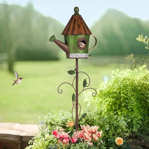 BAYN 57” Metal Bird House Stake for Outside Decorative | Kettle Design, Double-hole, Easy Assembly, Cleaning Door, Sturdy Wild Birdhouse on 5 Pronged Garden Stake Pole - style: Kettles
