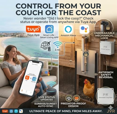 JVR WiFi Chicken Coop Door, App & Alexa Control, Sunrise/Sunset, Anti-Pinch | 2.4 GHz WiFi app control from anywhere; heavy-duty aluminum door with anti-pinch sensor and sunrise/sunset scheduling