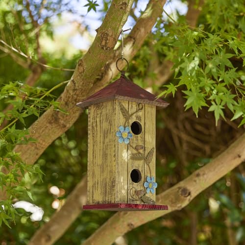Glitzhome Bird Houses for Outside,11.75"H Solid Wood Hanging Birdhouse,Washed Yellow Distressed Decorative Outdoor Garden Birdhouses with 3D Metal Flower for Swallow Sparrow Hummingbird Finch Cardinal - color: 11.75"H