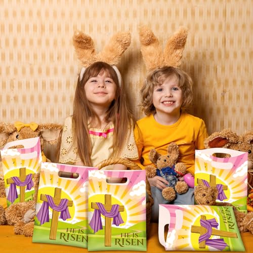 Oudain 60 Pcs Religious Goody Bags, Easter Treat Gift Bag with Handles, Christian Cross Plastic Candy Packaging Bags for Party Favor Easter Egg Hunting Game VBS Gift Packaging(Sun) - color: Sun