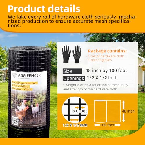 Black Hardware Cloth 1/2 in 48 x 100ft PVC Coated Mesh with Glove | PVC Vinyl Coated Fence Welded Metal Chicken Wire Fencing Roll, Garden Plant Fencing, for Chicken Coop and Home Improvement - size: 1/2 inch 48in x 100ft+Gloves