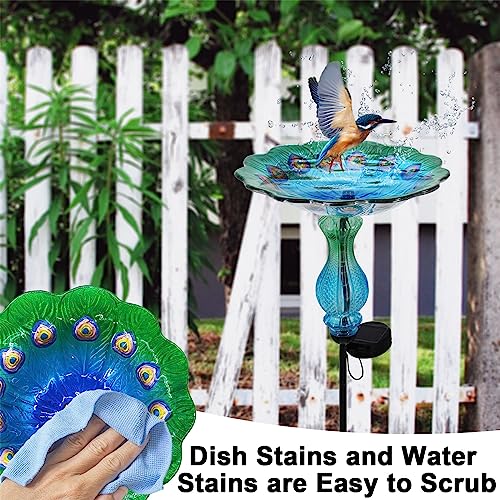 Blue Peacock Ground Stake Solar Bird Feeder for Outside,Bird Pond Outdoor Glass BirdBath with Metal Stake Garden Yard Outdoor, Garden Decoration Yard 32 inches
